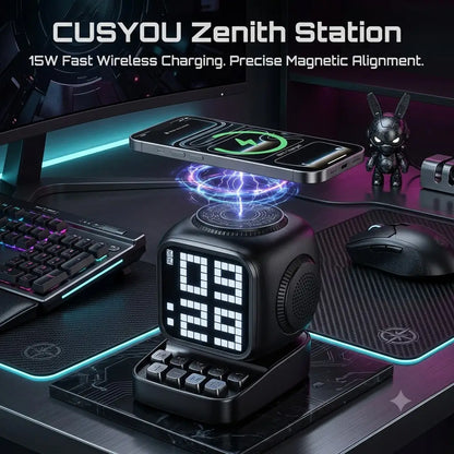 CUSYOU Zenith Station: 5-in-1 Mag-Safe Charging Hub, Hi-Fi Bluetooth Speaker & Sleep Therapy Alarm Clock