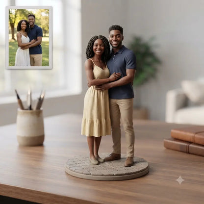 Custom Couple Figurine From Photo, Personalized 3D Statue, Handmade Wedding Anniversary Gift With Wood Base